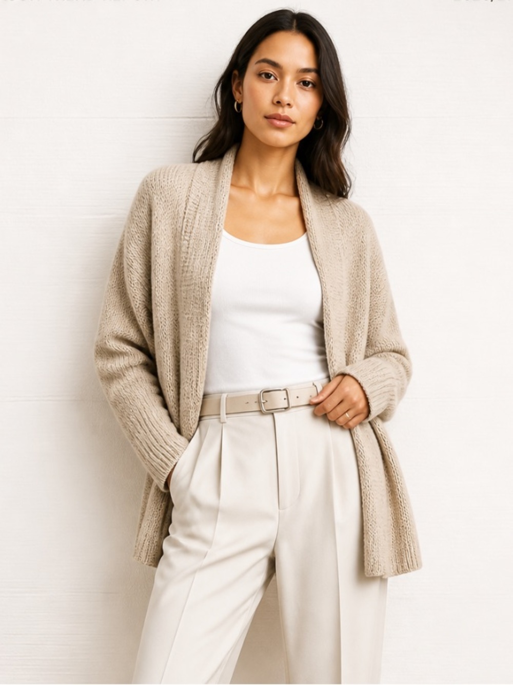 KIMCHI + BLUE Anthropologie Crop Shawl Collar Pleated Cardigan Sweater Beige Tan